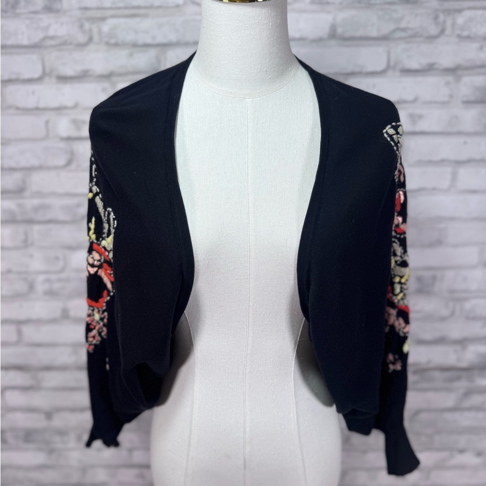 Floral Embroidered Black Open-Front Women's Cardigan